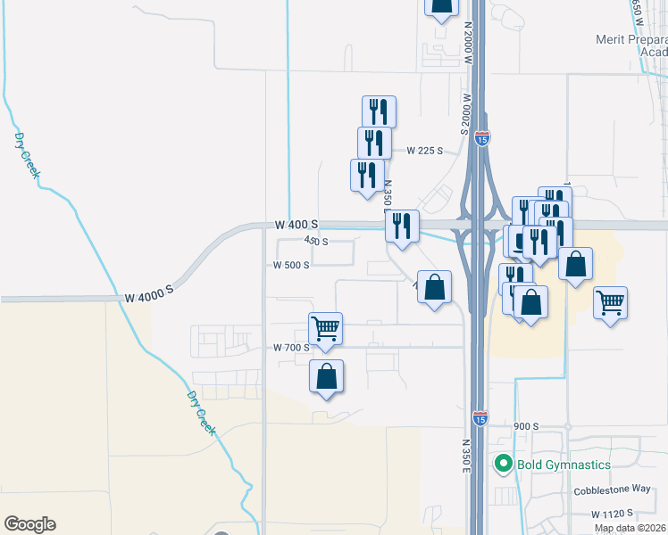 map of restaurants, bars, coffee shops, grocery stores, and more near 2395 West 500 South in Springville