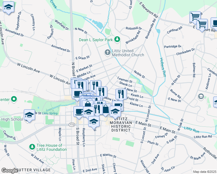 map of restaurants, bars, coffee shops, grocery stores, and more near 120 East New Street in Lititz