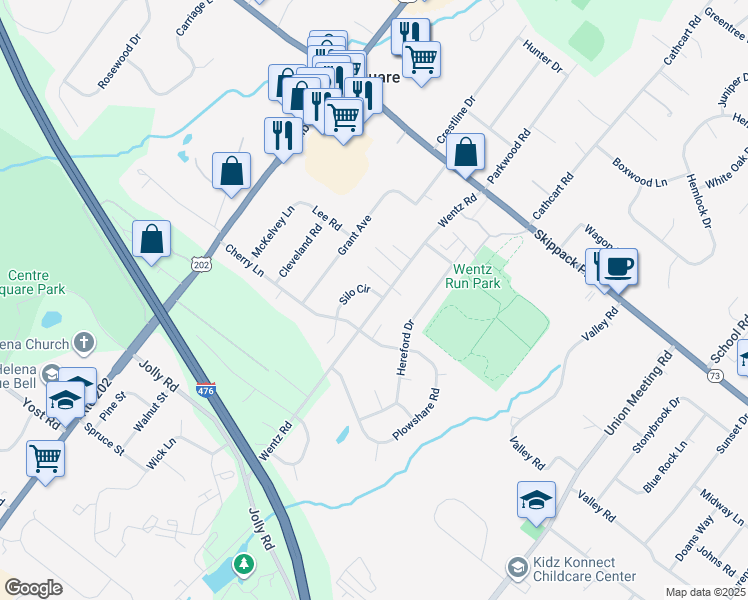map of restaurants, bars, coffee shops, grocery stores, and more near 1110 Silo Circle in Blue Bell