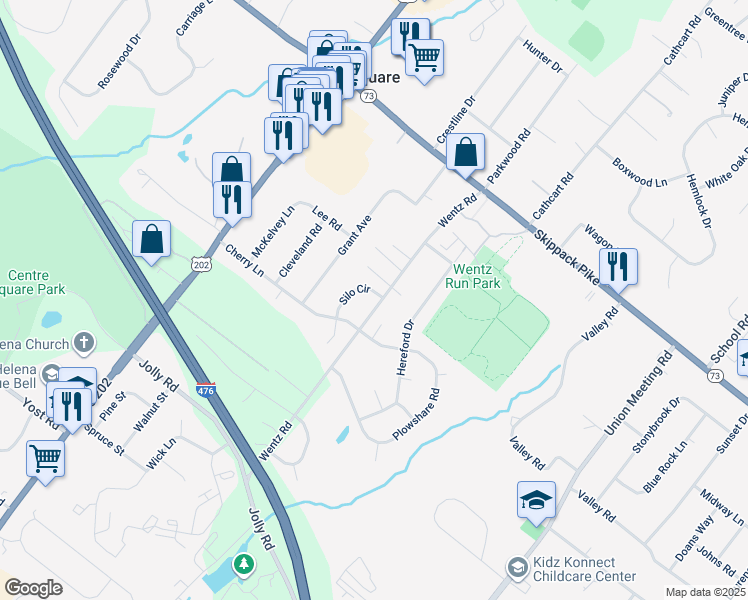 map of restaurants, bars, coffee shops, grocery stores, and more near 1110 Silo Circle in Blue Bell