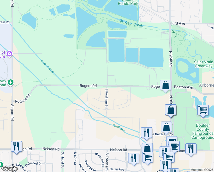 map of restaurants, bars, coffee shops, grocery stores, and more near 9150 Rogers Road in Longmont