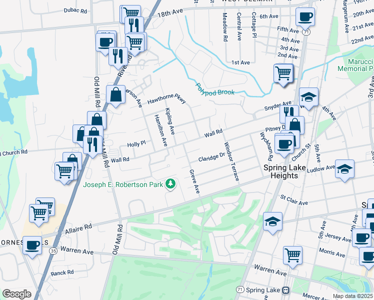 map of restaurants, bars, coffee shops, grocery stores, and more near 2303 Greve Avenue in Spring Lake