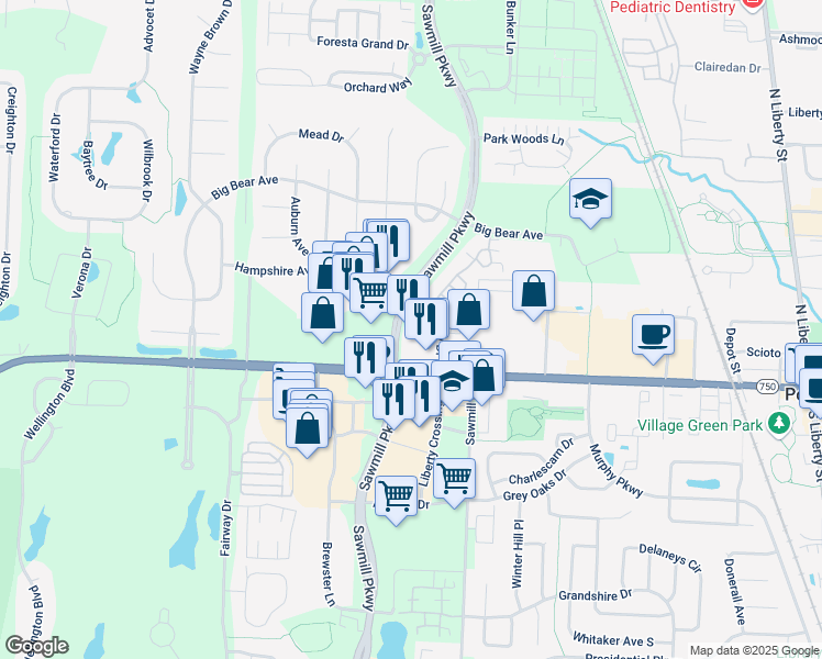 map of restaurants, bars, coffee shops, grocery stores, and more near 9581 Sawmill Parkway in Powell