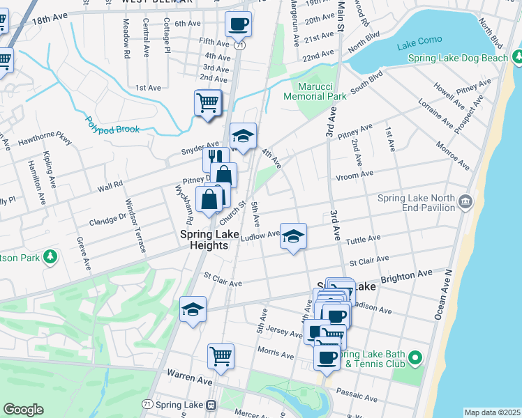 map of restaurants, bars, coffee shops, grocery stores, and more near 424 Worthington Avenue in Spring Lake