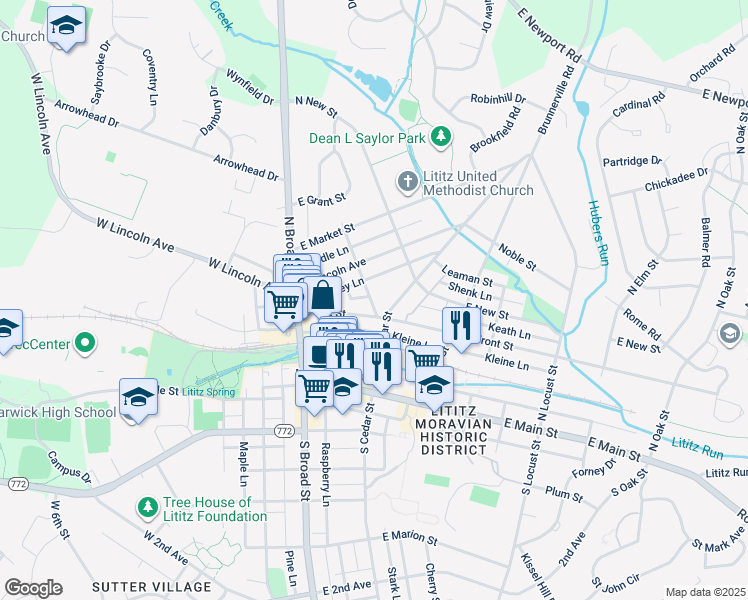 map of restaurants, bars, coffee shops, grocery stores, and more near 113 North Liberty Street in Lititz
