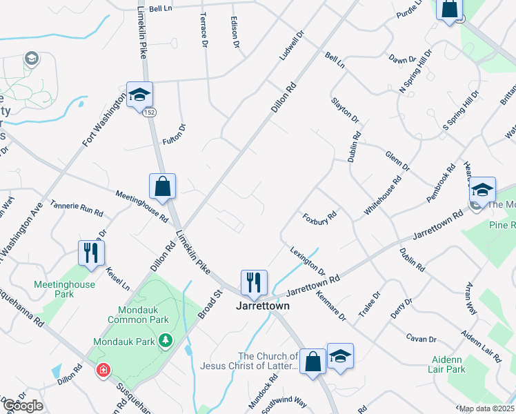 map of restaurants, bars, coffee shops, grocery stores, and more near 1355 Hanover Place in Ambler