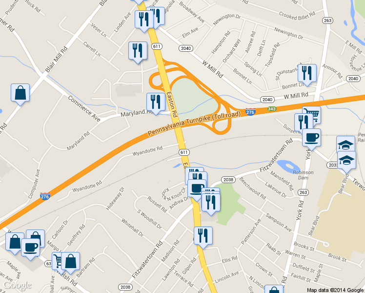 map of restaurants, bars, coffee shops, grocery stores, and more near 1335 Easton Rd in Willow Grove