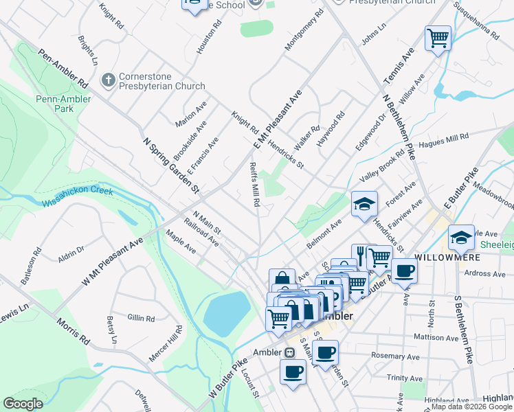 map of restaurants, bars, coffee shops, grocery stores, and more near 229 North Ridge Avenue in Ambler