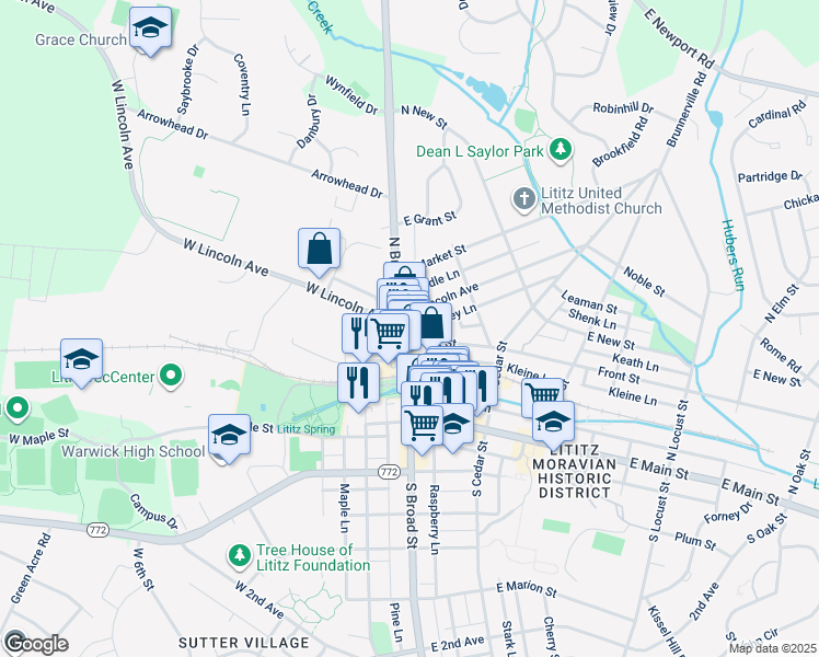 map of restaurants, bars, coffee shops, grocery stores, and more near 56 North Broad Street in Lititz