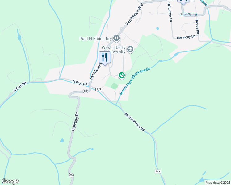 map of restaurants, bars, coffee shops, grocery stores, and more near Fowler Apt Rd in Wheeling