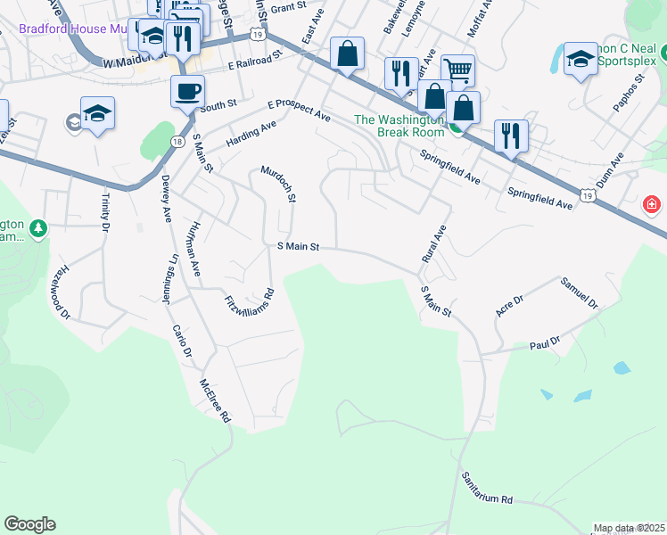 map of restaurants, bars, coffee shops, grocery stores, and more near 815 South Main Street in Washington