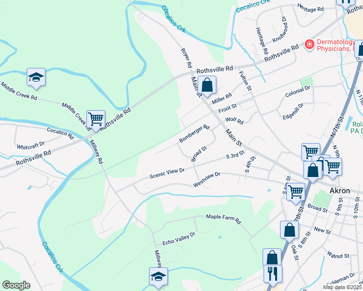 map of restaurants, bars, coffee shops, grocery stores, and more near 124 Vista Drive in Akron