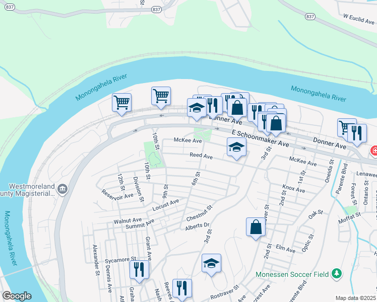 map of restaurants, bars, coffee shops, grocery stores, and more near 638 Reed Avenue in Monessen