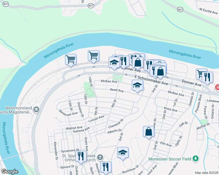 map of restaurants, bars, coffee shops, grocery stores, and more near 638 Reed Avenue in Monessen