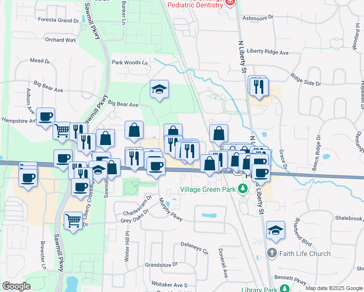 map of restaurants, bars, coffee shops, grocery stores, and more near 330 W Olentangy St in Powell
