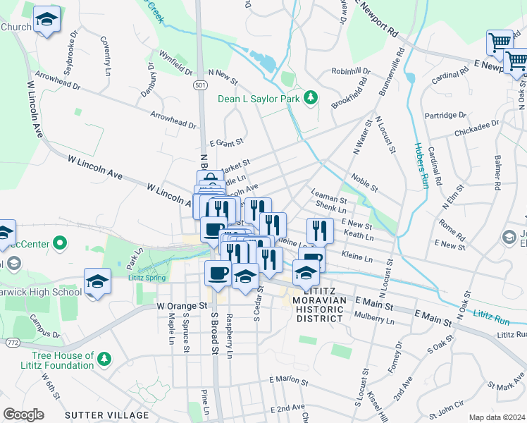 map of restaurants, bars, coffee shops, grocery stores, and more near 113 North Liberty Street in Lititz