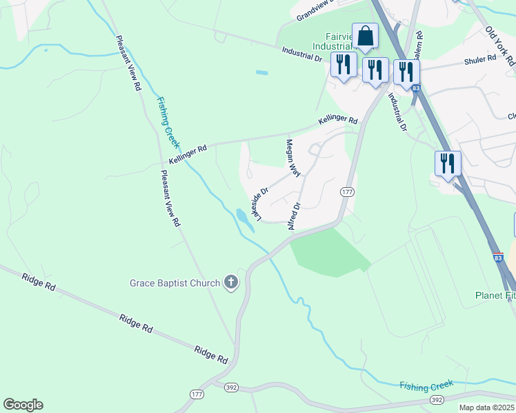 map of restaurants, bars, coffee shops, grocery stores, and more near 129 Lakeside Drive in Lewisberry