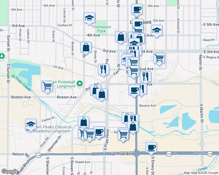 map of restaurants, bars, coffee shops, grocery stores, and more near 827 1st Avenue in Longmont