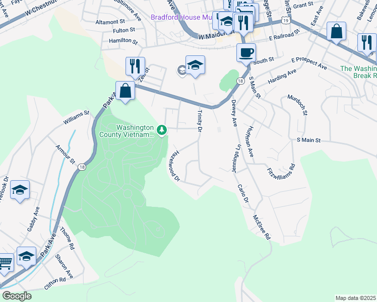 map of restaurants, bars, coffee shops, grocery stores, and more near 289 Trinity Drive in Washington