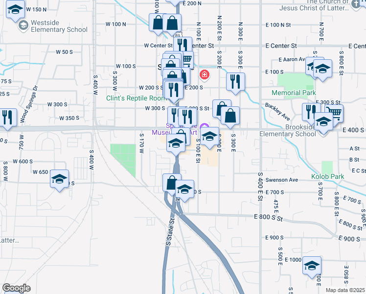 map of restaurants, bars, coffee shops, grocery stores, and more near 511 South Main Street in Springville
