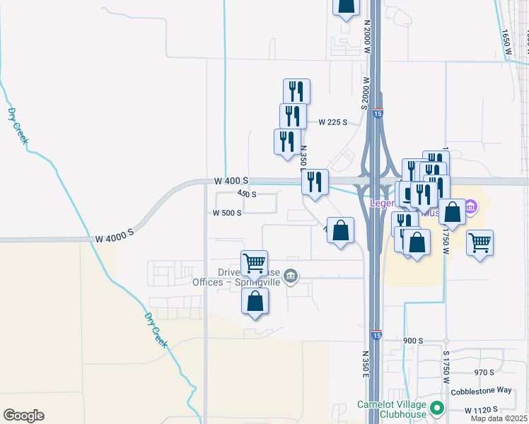map of restaurants, bars, coffee shops, grocery stores, and more near 2487 West 500 South in Springville