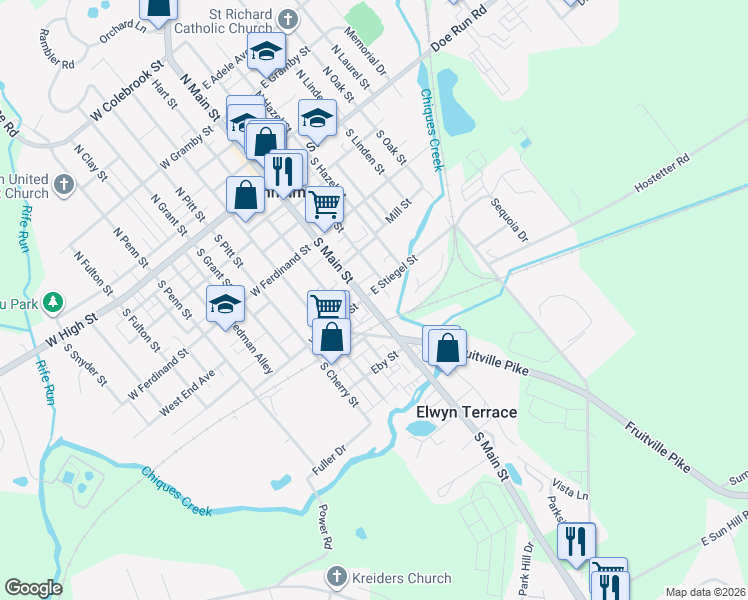 map of restaurants, bars, coffee shops, grocery stores, and more near 217 Pennsylvania 72 in Manheim