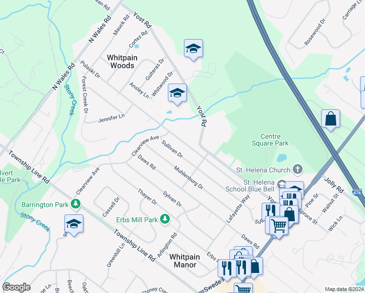map of restaurants, bars, coffee shops, grocery stores, and more near 1642 Pulaski Drive in Blue Bell