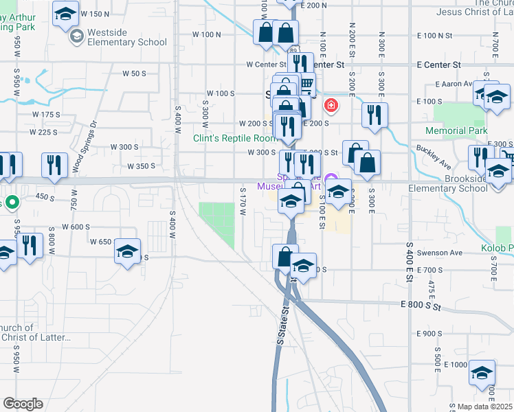 map of restaurants, bars, coffee shops, grocery stores, and more near 490 South 100 West in Springville