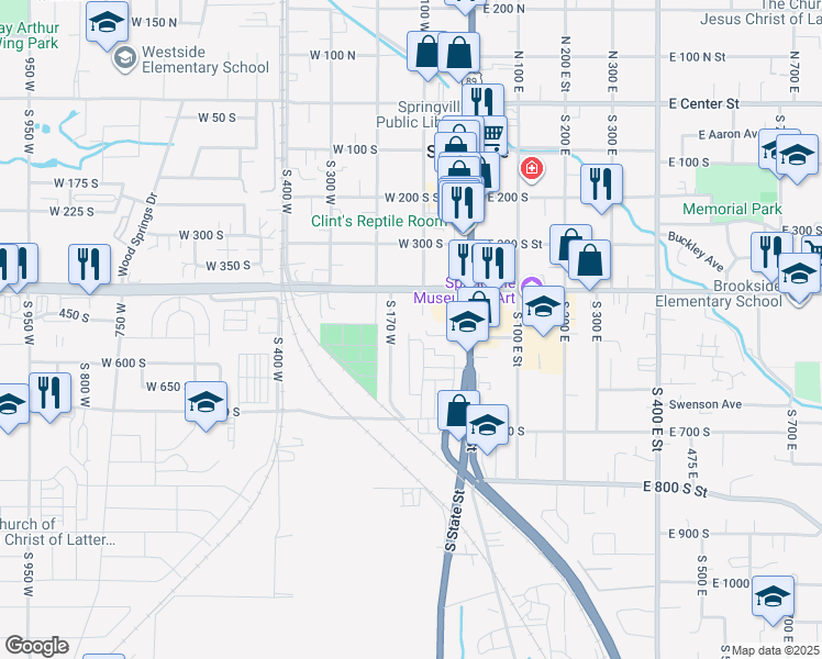 map of restaurants, bars, coffee shops, grocery stores, and more near 490 South 100 West in Springville