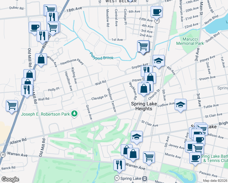 map of restaurants, bars, coffee shops, grocery stores, and more near 817 Claridge Drive in Spring Lake