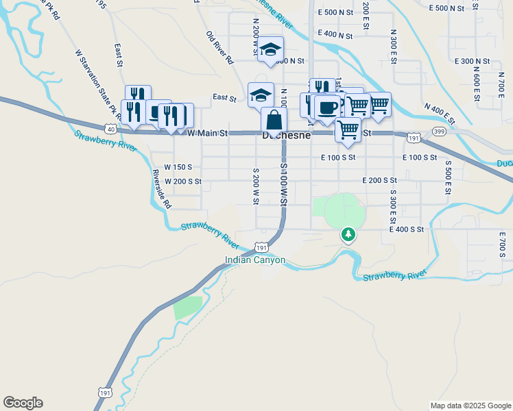map of restaurants, bars, coffee shops, grocery stores, and more near 198 West 300 South Street in Duchesne