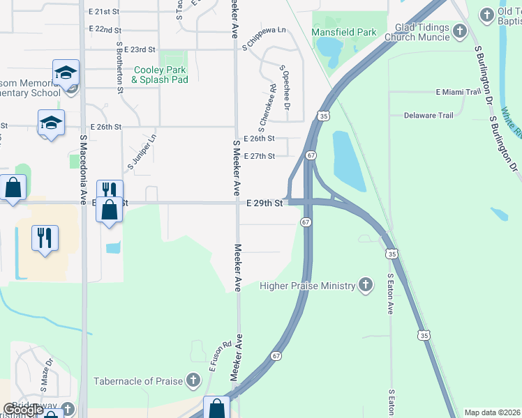 map of restaurants, bars, coffee shops, grocery stores, and more near 2601 East 29th Street in Muncie
