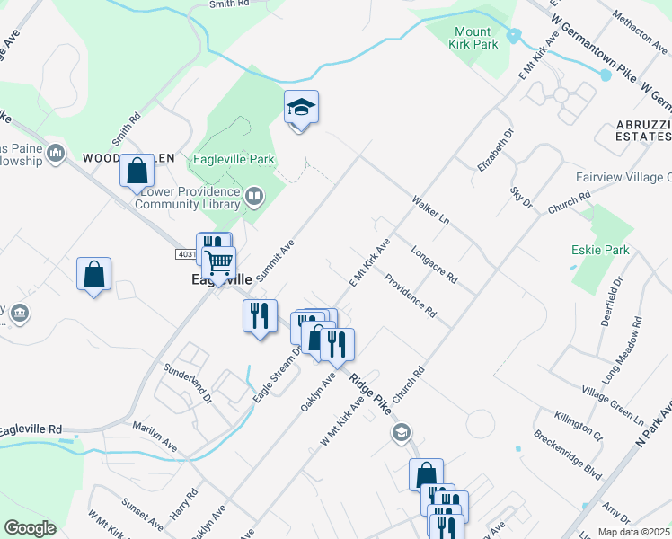 map of restaurants, bars, coffee shops, grocery stores, and more near 27 East Mount Kirk Avenue in Eagleville