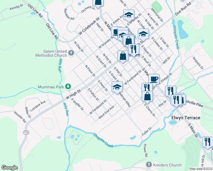 map of restaurants, bars, coffee shops, grocery stores, and more near 45 South Penn Street in Manheim