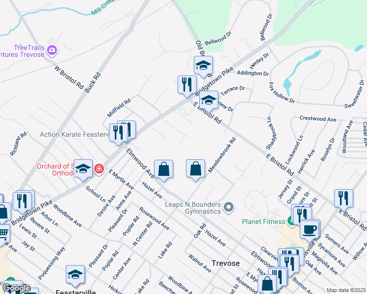 map of restaurants, bars, coffee shops, grocery stores, and more near 116 East Endfield Road in Feasterville-Trevose