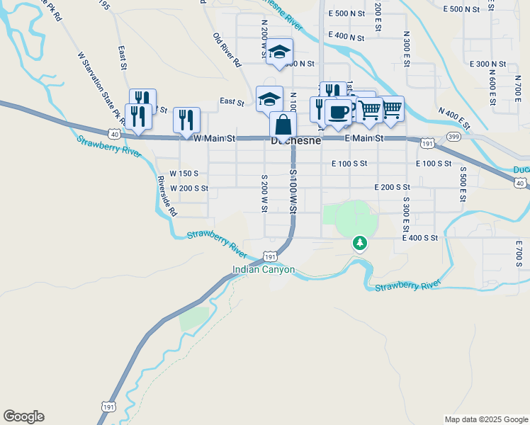map of restaurants, bars, coffee shops, grocery stores, and more near 198 West 300 South Street in Duchesne