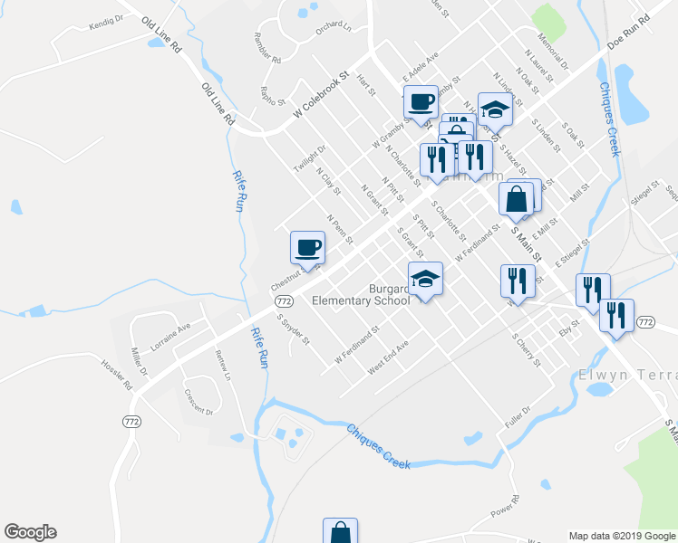 map of restaurants, bars, coffee shops, grocery stores, and more near 335 West High Street in Manheim