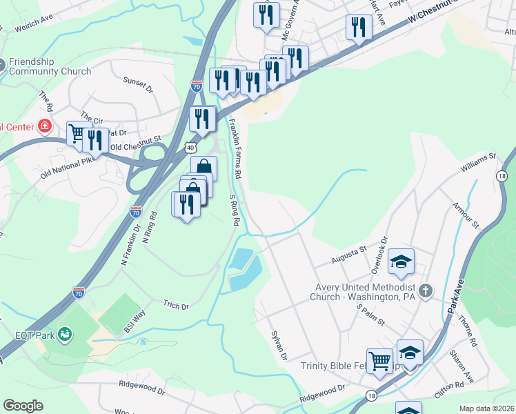 map of restaurants, bars, coffee shops, grocery stores, and more near 240 Franklin Farms Road in Washington