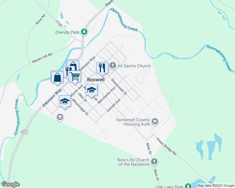 map of restaurants, bars, coffee shops, grocery stores, and more near 527 Center Street in Boswell