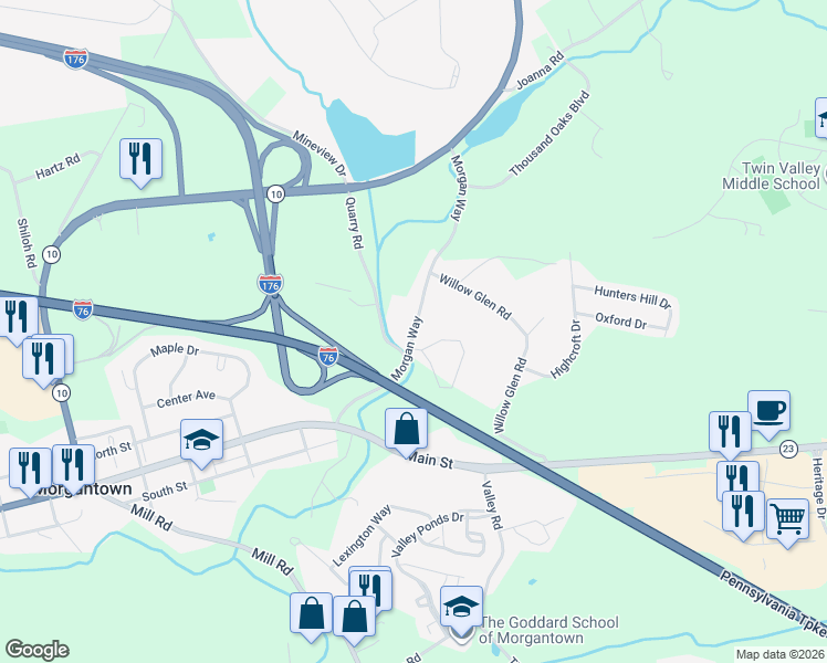 map of restaurants, bars, coffee shops, grocery stores, and more near 131 Joanna Road in Morgantown
