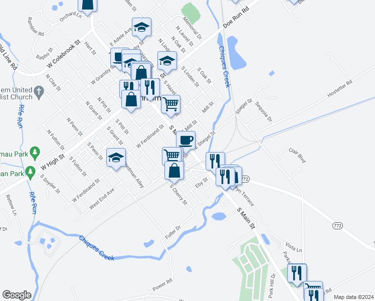 map of restaurants, bars, coffee shops, grocery stores, and more near 2 West Stiegel Street in Manheim