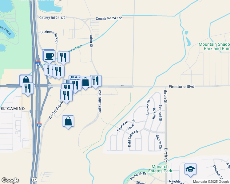 map of restaurants, bars, coffee shops, grocery stores, and more near 4615 City Centre Road in Longmont