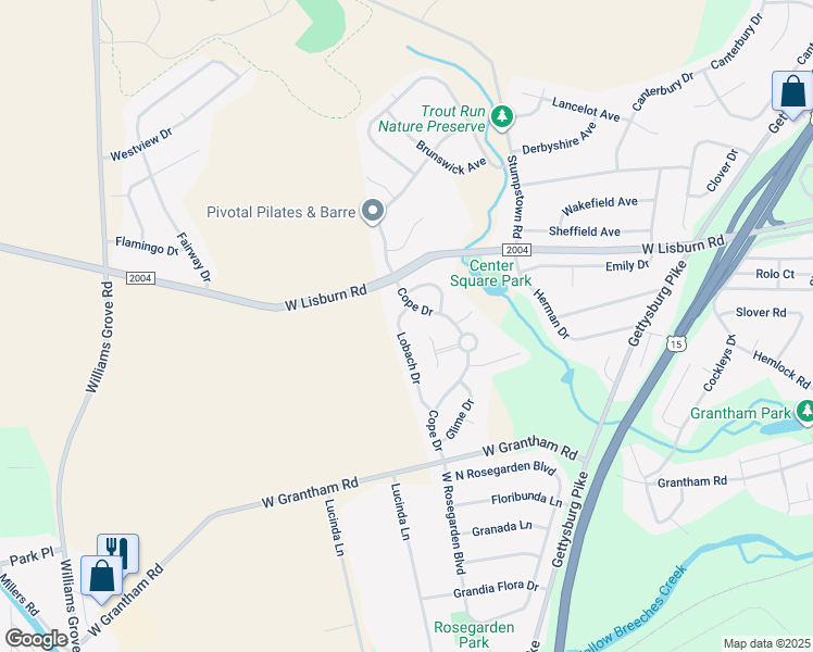 map of restaurants, bars, coffee shops, grocery stores, and more near 2408 Lobach Drive in Mechanicsburg
