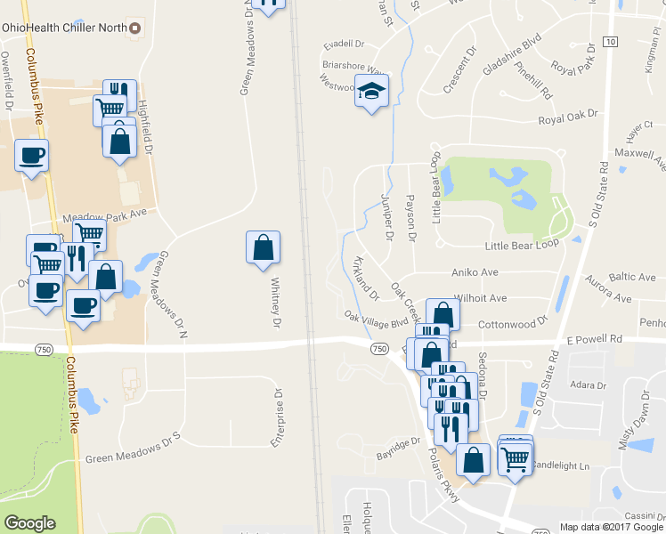 map of restaurants, bars, coffee shops, grocery stores, and more near 8880 Oak Village Boulevard in Lewis Center