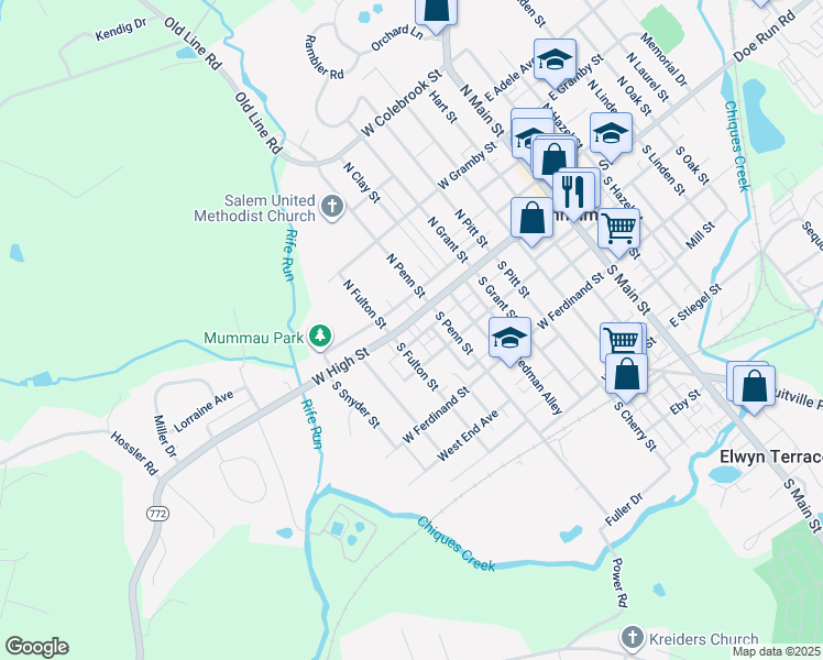 map of restaurants, bars, coffee shops, grocery stores, and more near 331 West High Street in Manheim