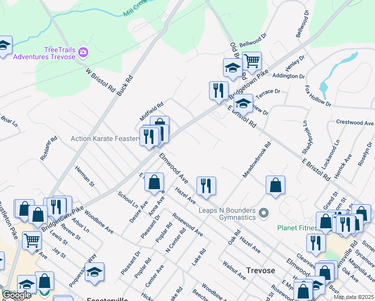 map of restaurants, bars, coffee shops, grocery stores, and more near 1825 Bridgetown Pike in Feasterville-Trevose
