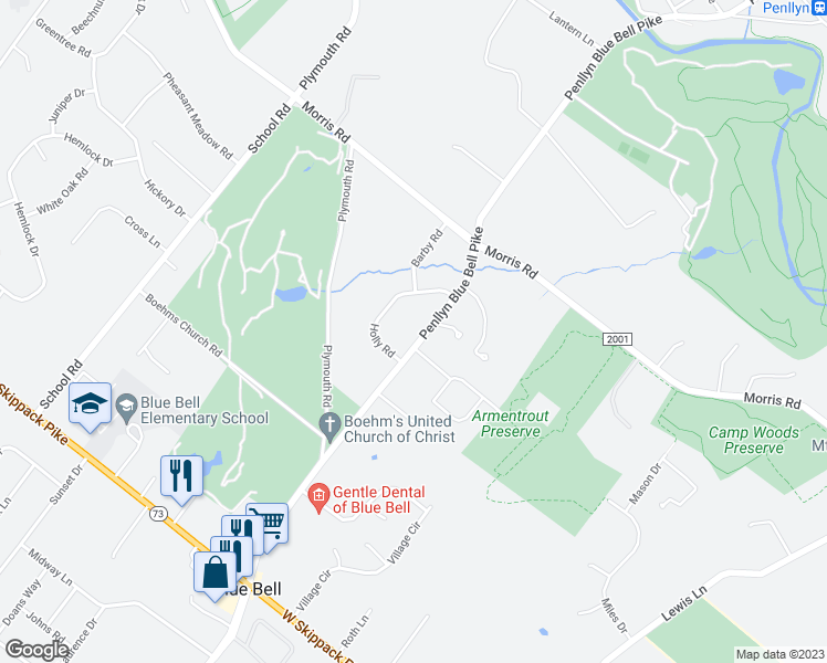 map of restaurants, bars, coffee shops, grocery stores, and more near 465 Penllyn Blue Bell Pike in Blue Bell