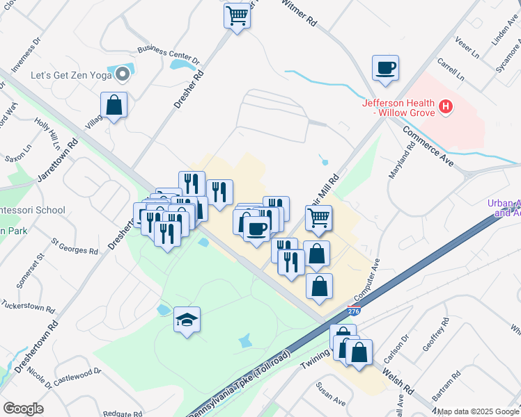 map of restaurants, bars, coffee shops, grocery stores, and more near 114 Welsh Road in Horsham