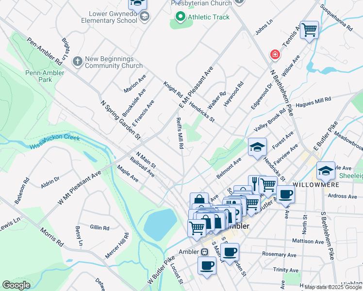 map of restaurants, bars, coffee shops, grocery stores, and more near 229 North Ridge Avenue in Ambler