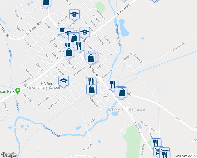 map of restaurants, bars, coffee shops, grocery stores, and more near 28 West Stiegel Street in Manheim